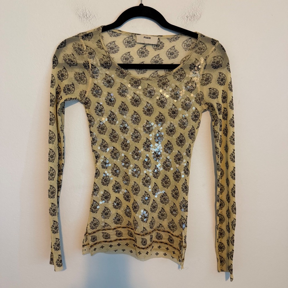 FUZZI Sheer Mesh Tulle Paisley Sequin Long Sleeve Top Y2K 90s indie sleeze boho
